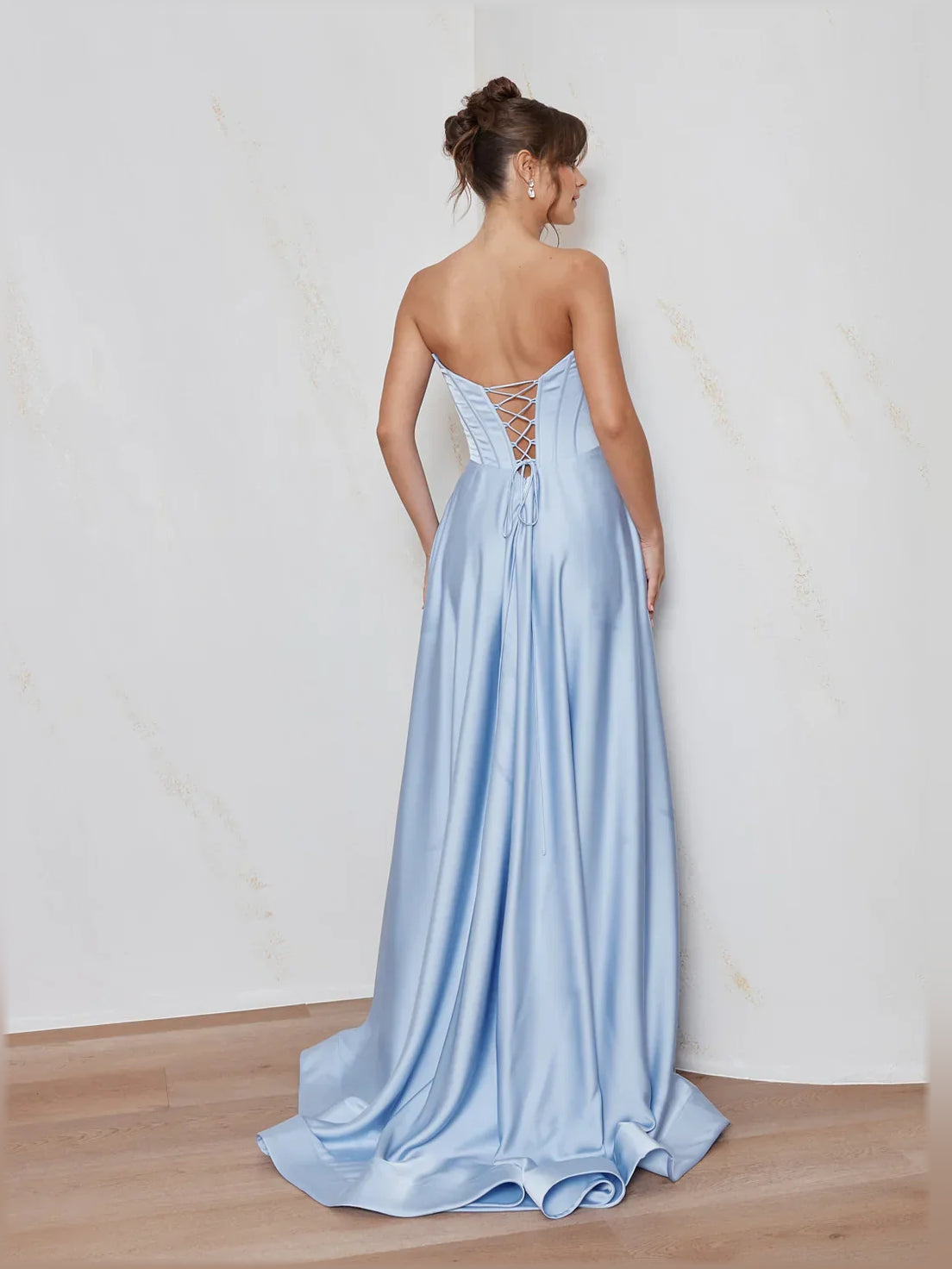 Light blue strapless corset backless maxi dress with crisscross lace detail