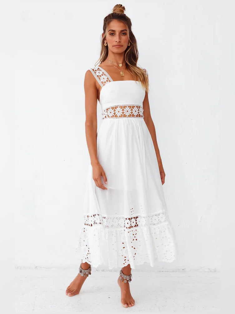 White a-line maxi formal dress with tiered skirt, alternate view showing the waist
