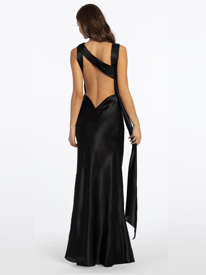 Black satin halter open-back formal dress with crisscross back straps, floor length