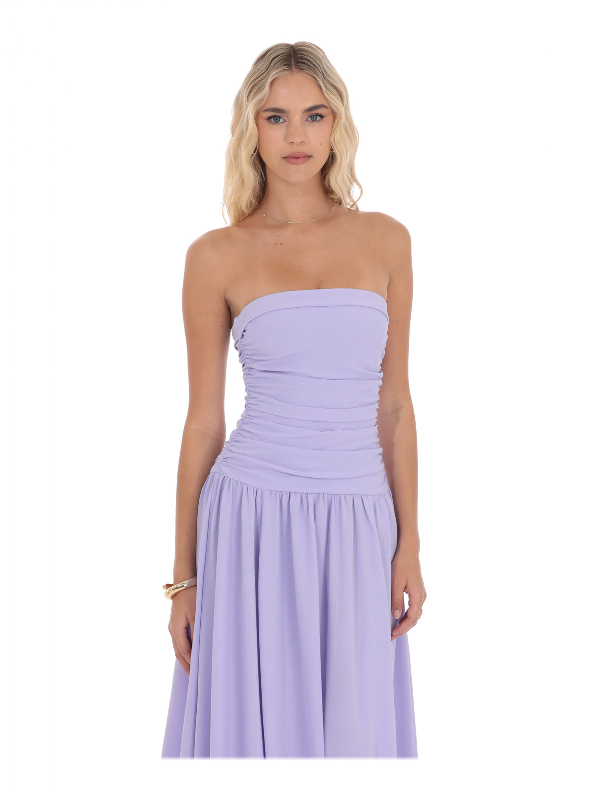 Lavender bridesmaid dress with drop-waist detailing