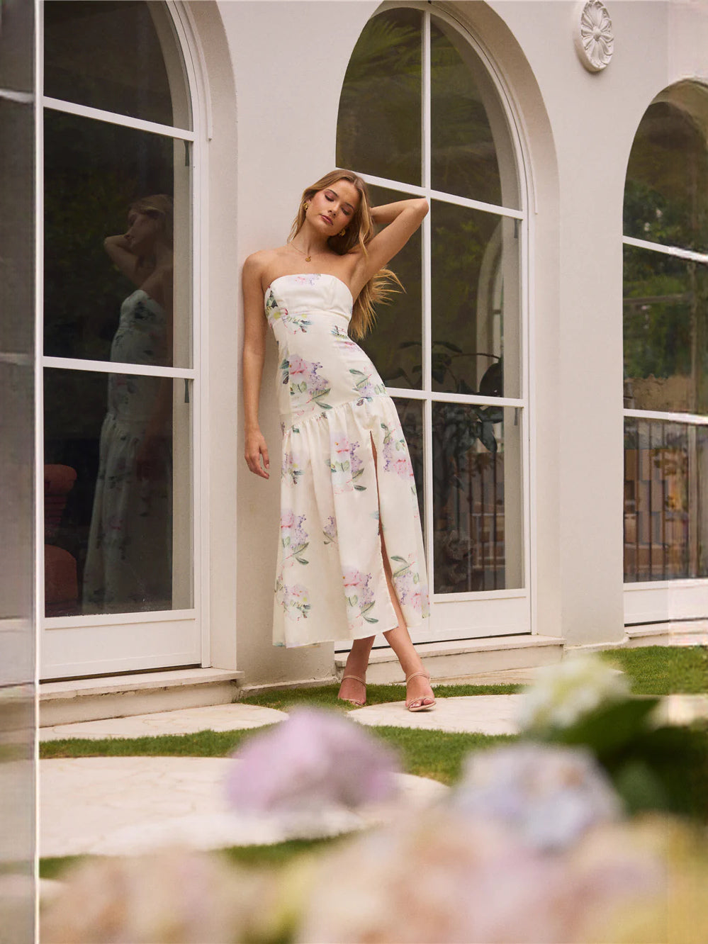 Butter a-line maxi formal dress with floral print, alternate view showing the waist
