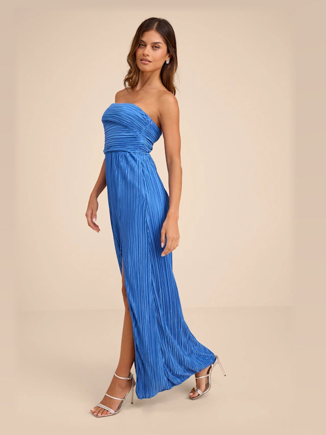 Blue formal dress with a-line detailing