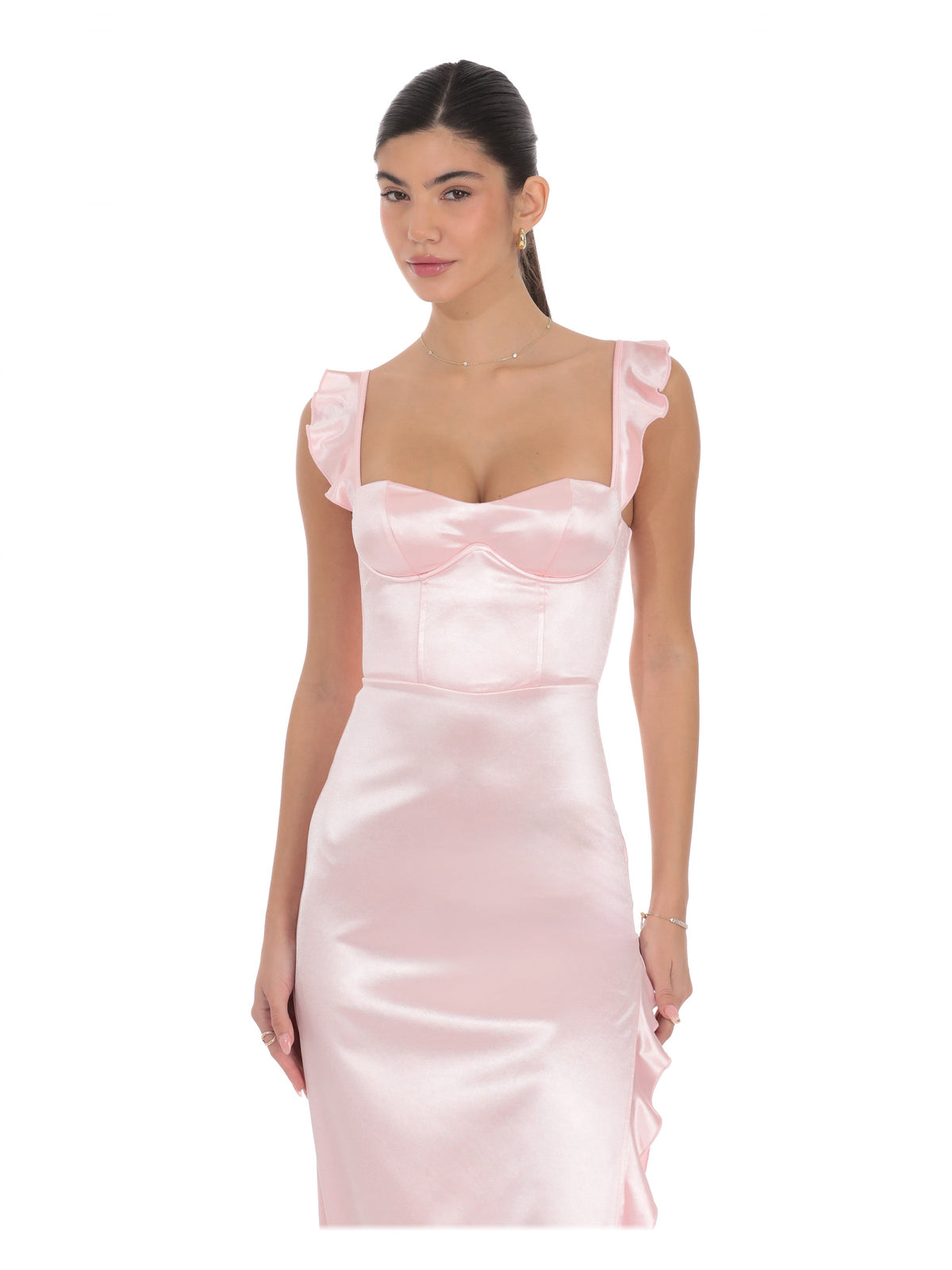 Pink bridesmaid dress with ruffled detailing