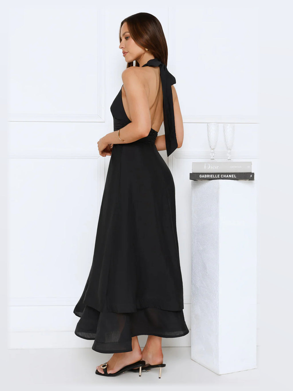 Black maxi formal dress, alternate full-length view showing the skirt