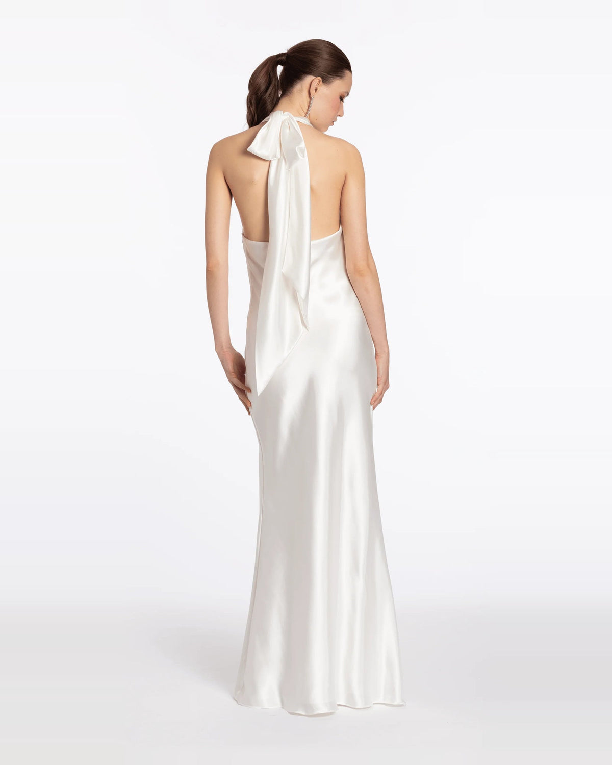 Halter neck column maxi prom dress in ivory, open back with tied halter detail.