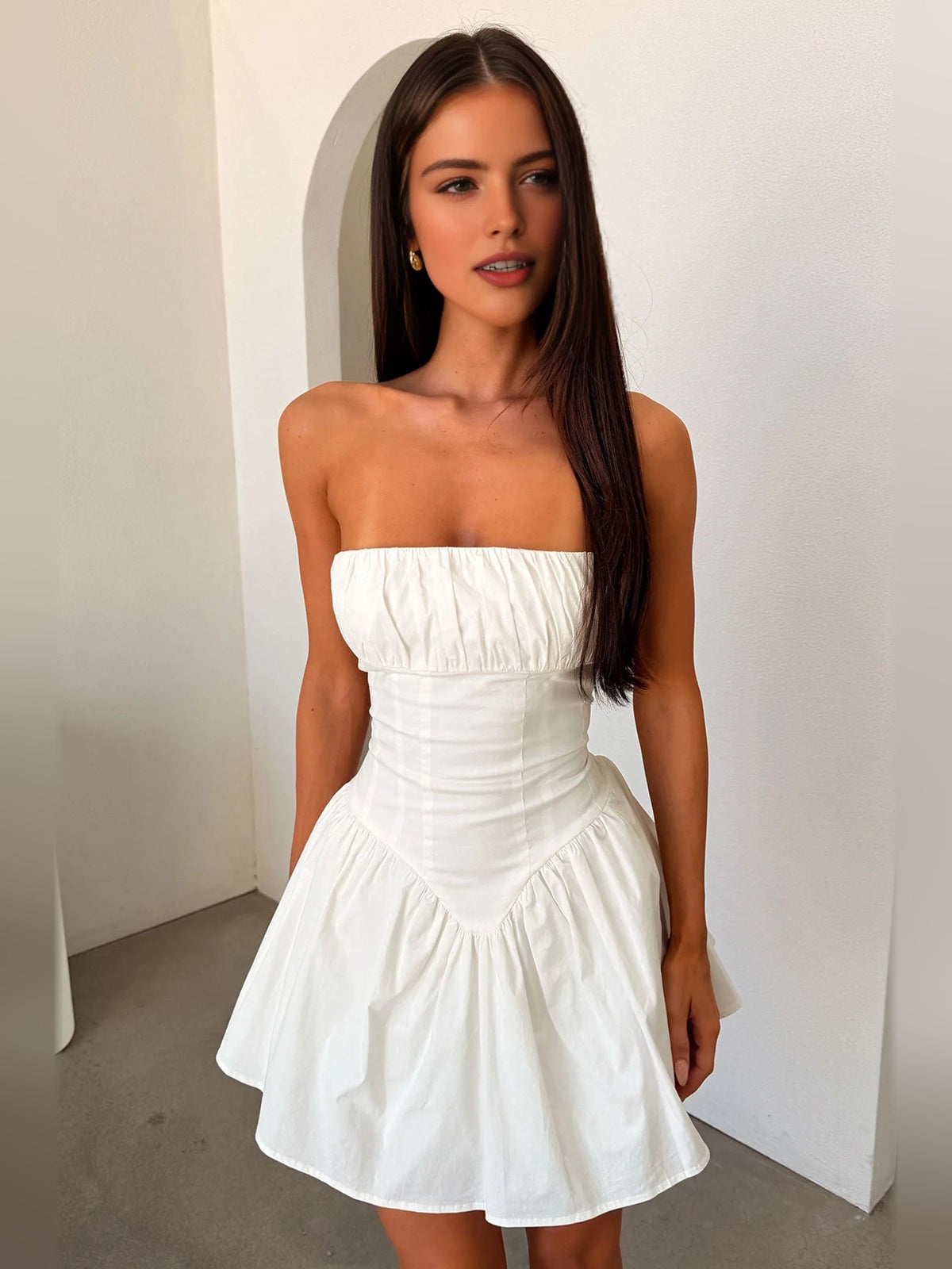 Ivory white strapless ruched corset A-line mini dress with textured bodice and tiered skirt