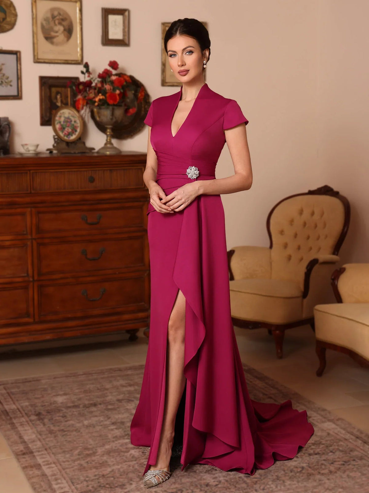 Raspberry satin mother-of-the-bride dress with beaded V-neck and flowing drape