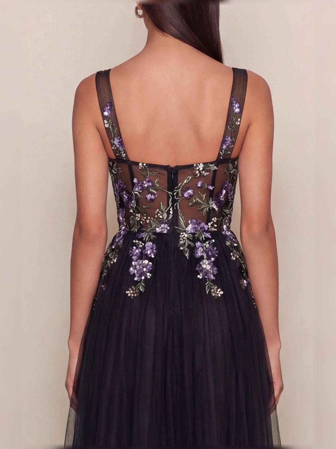 Black corset midi dress with purple floral print, open back and thin straps