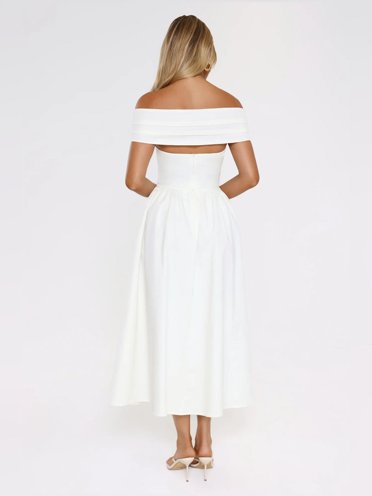 White off-shoulder midi dress, off-shoulder neckline with bare back