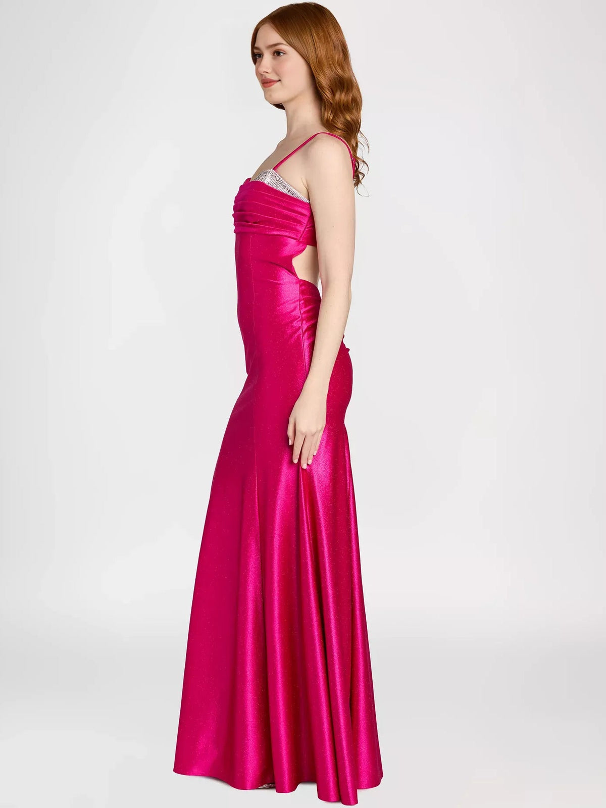 Fuchsia satin ruched mermaid maxi prom dress, side profile with thin straps