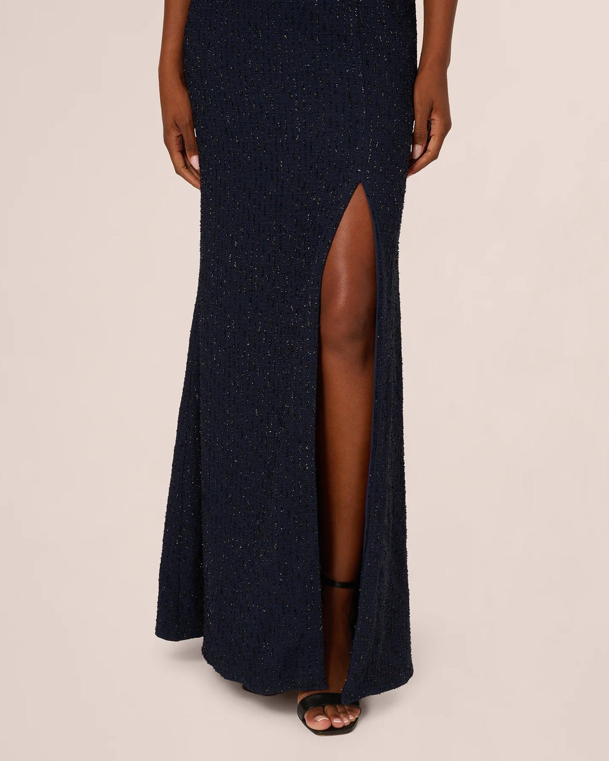 Navy A-line maxi skirt with glitter texture and front leg slit