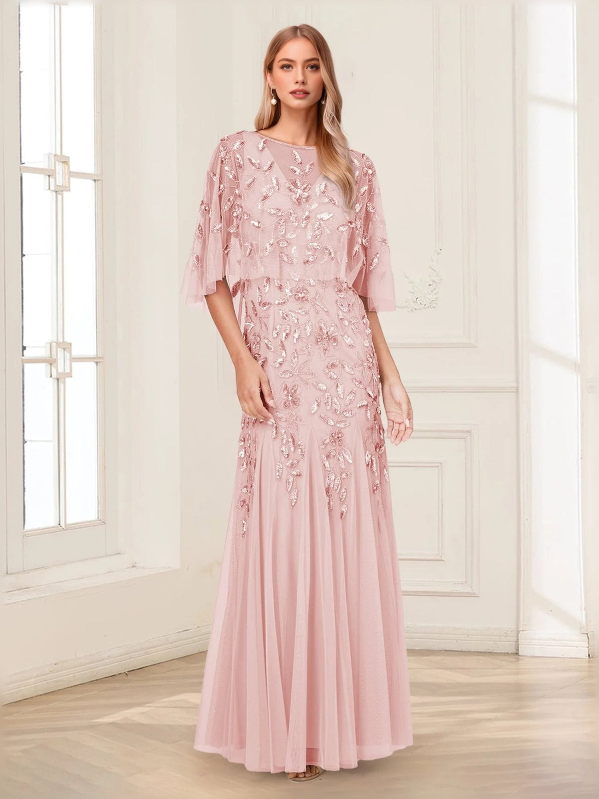 Dusty rose sequin tulle mermaid dress with cape sleeves and embellished bodice