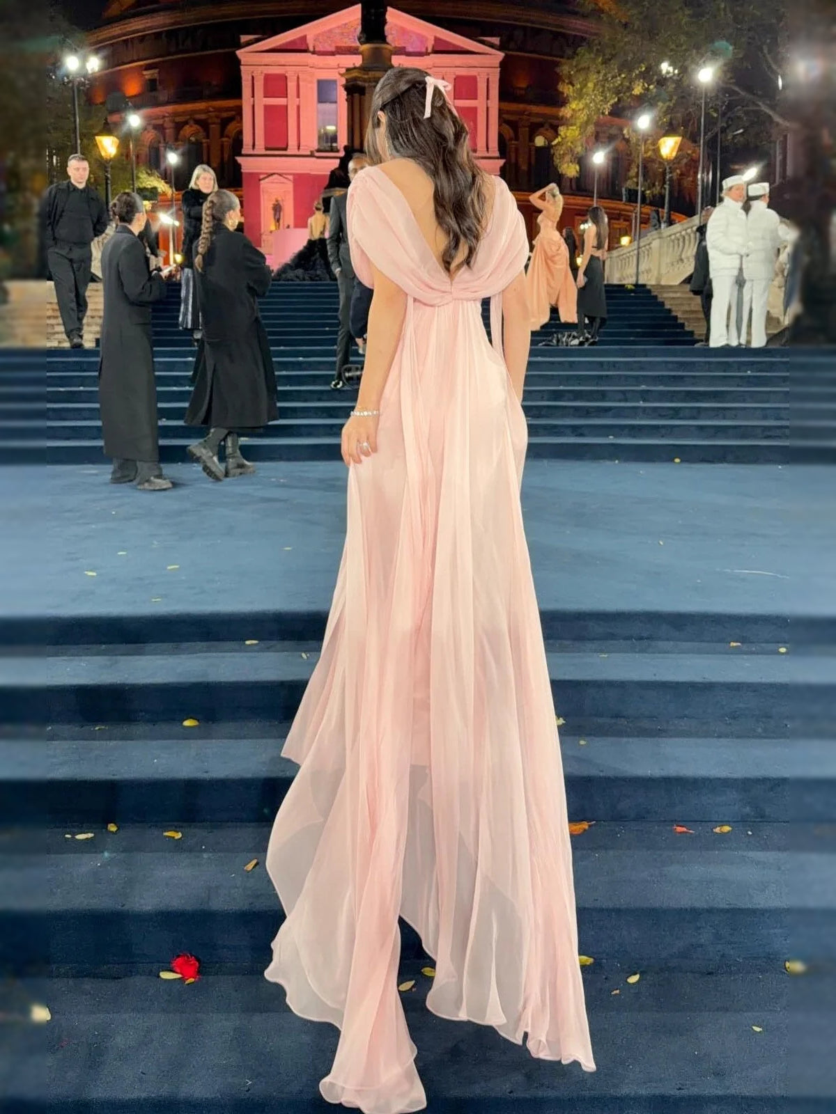 Pink chiffon bridesmaid dress, draped ruched V-neck and long A-line floor-length hem
