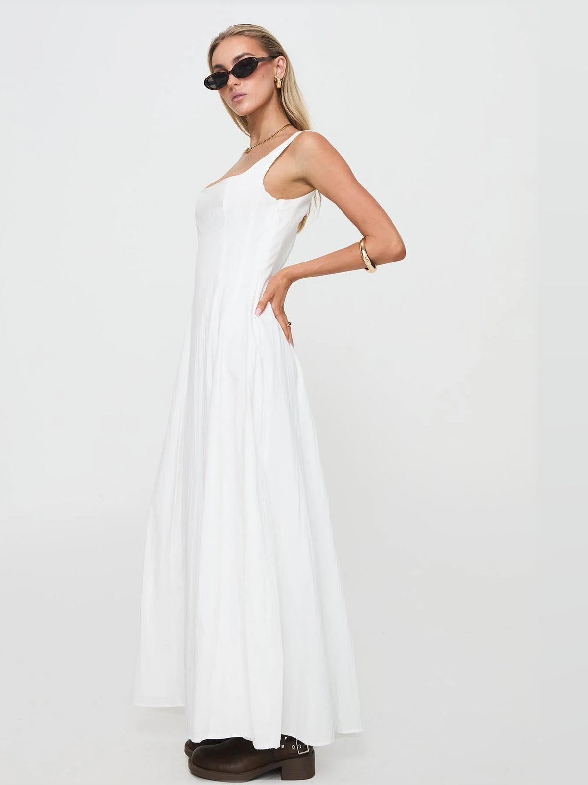 White formal dress with a-line detailing