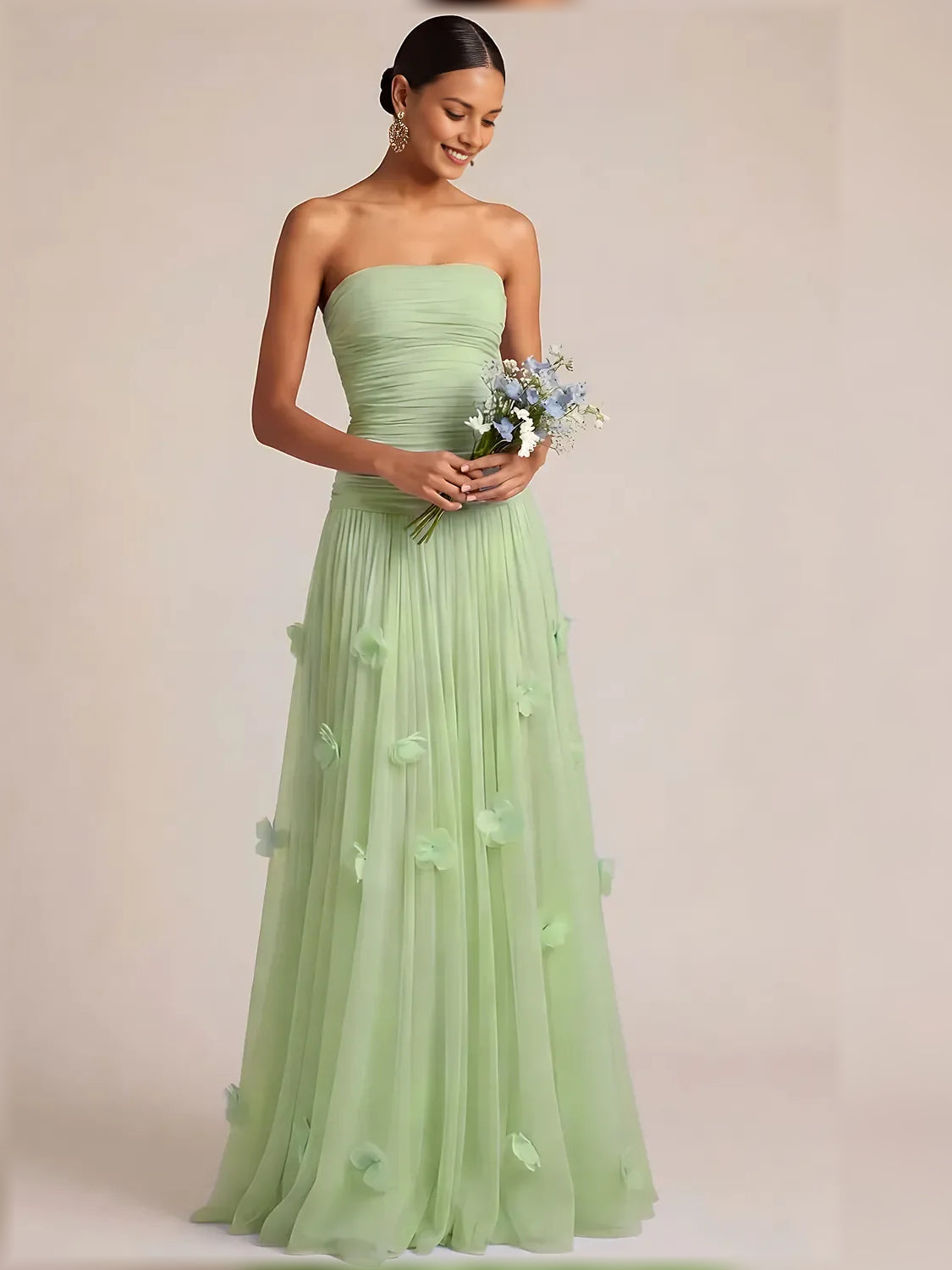 Dusty sage strapless formal dress with ruched bodice and 3D floral appliques