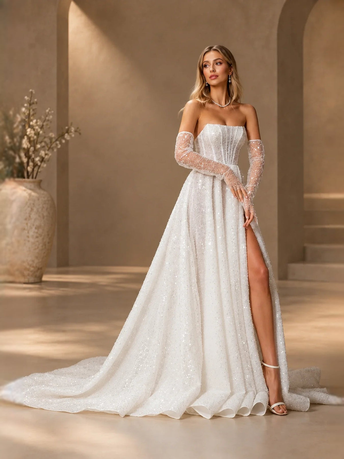Ivory strapless corset A-line wedding dress with sheer long sleeves and front slit