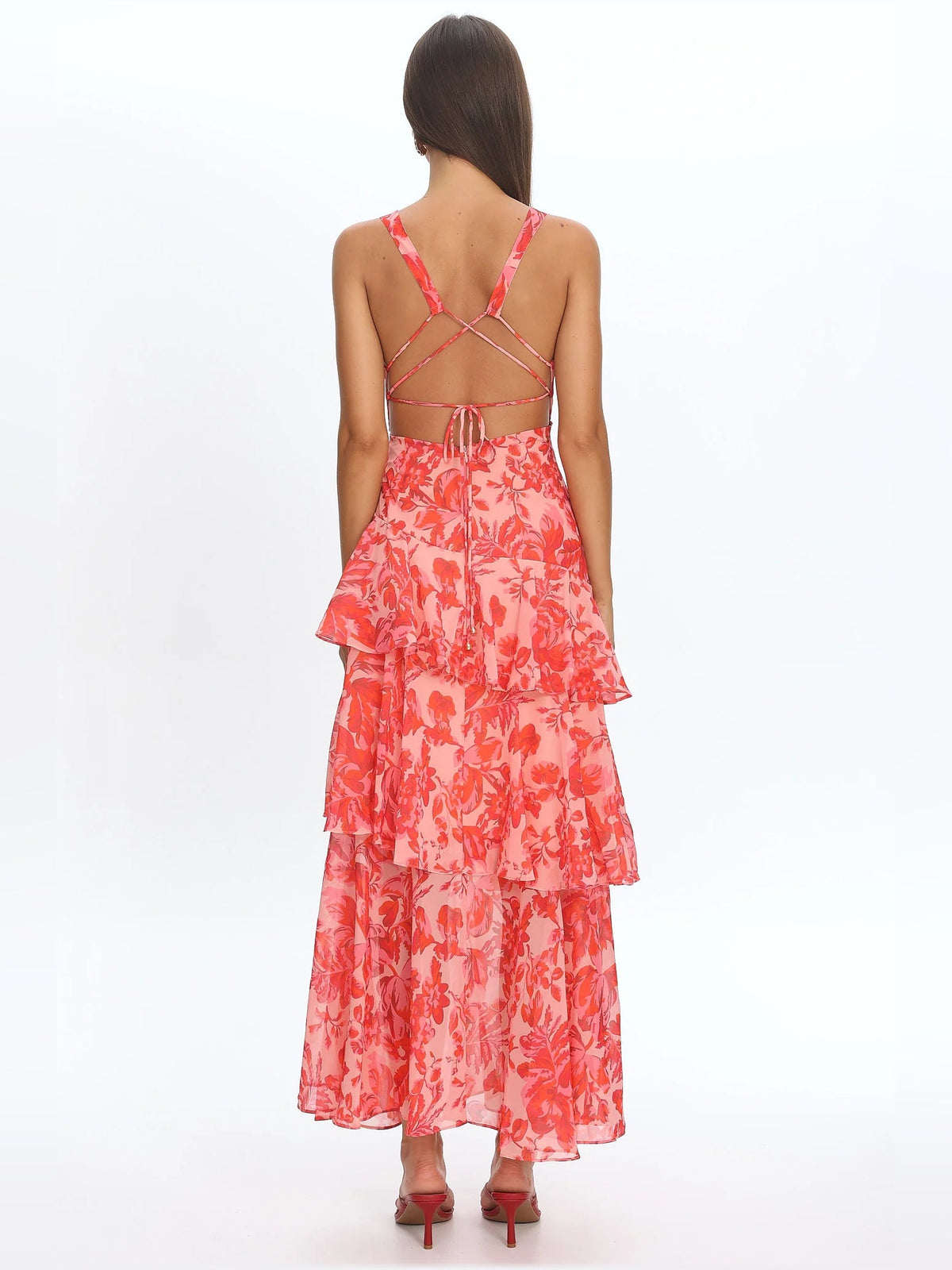 Red floral open-back midi dress with crisscross straps and tiered ruffle skirt
