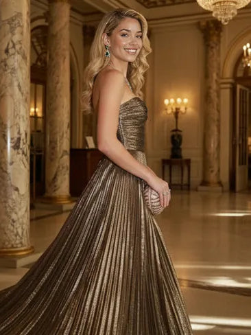 Side view espresso sweetheart formal dress with ruched bodice and pleated floor skirt