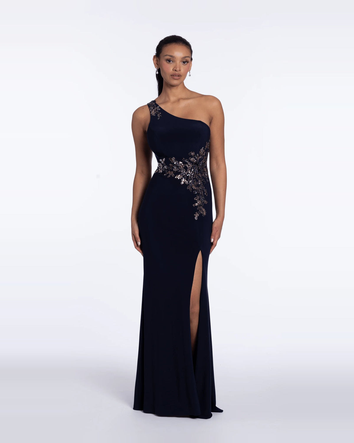 Navy one-shoulder asymmetrical column maxi dress with rhinestone embellishment and slit