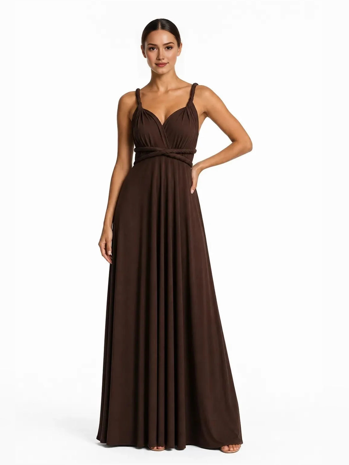 Chocolate-brown V-neck maxi dress with spaghetti straps and ruched waist