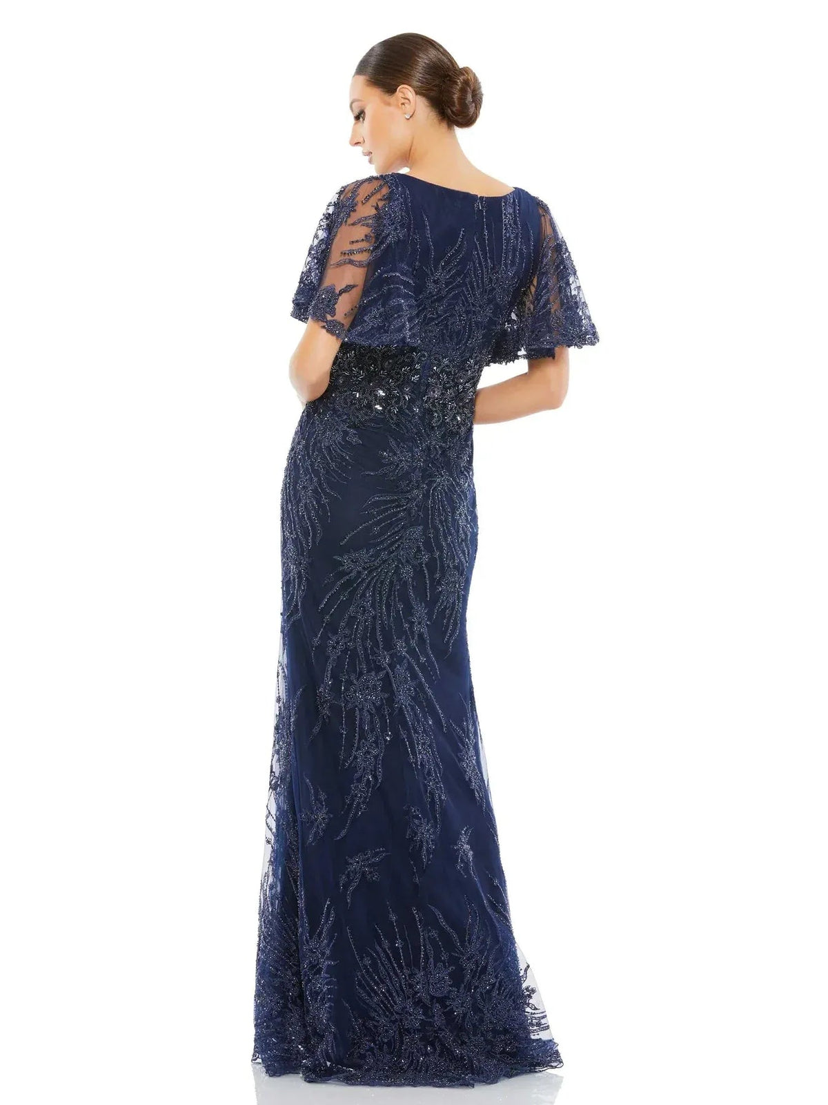 Navy beaded lace tulle mermaid formal dress with V-back and short flutter sleeves