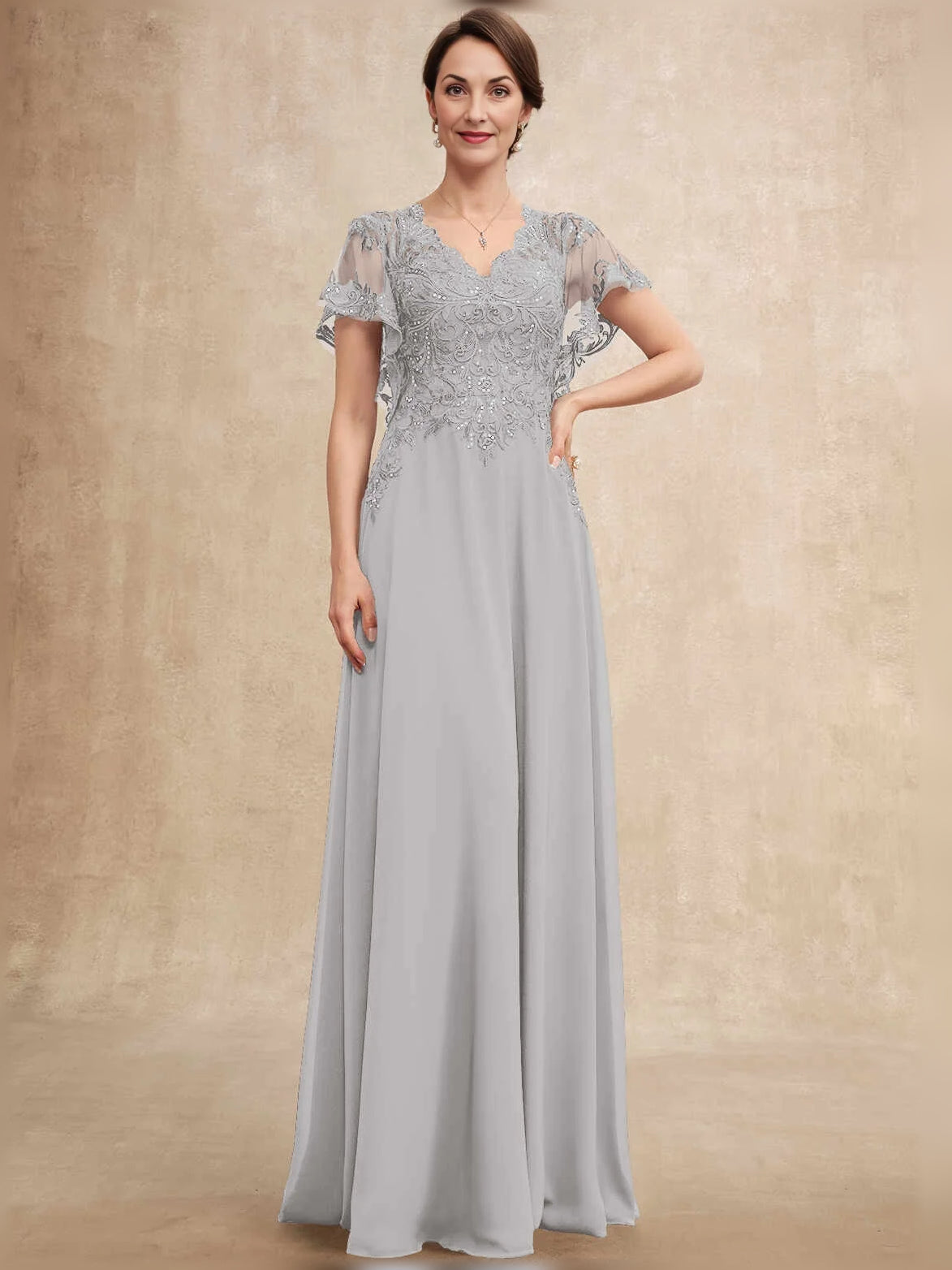 Light gray V-neck A-line chiffon dress with beaded lace bodice and sheer sleeves