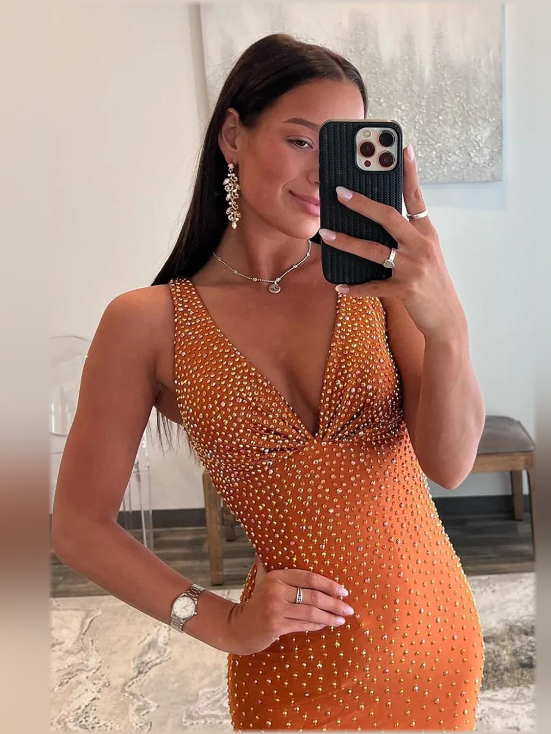 Rust V-neck beaded mermaid maxi formal dress with sleeveless fitted silhouette