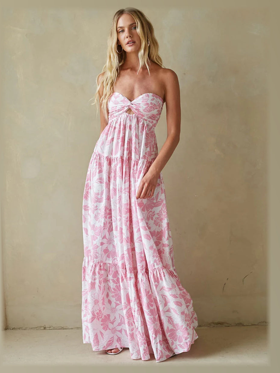 Blue Floral formal dress with a-line detailing
