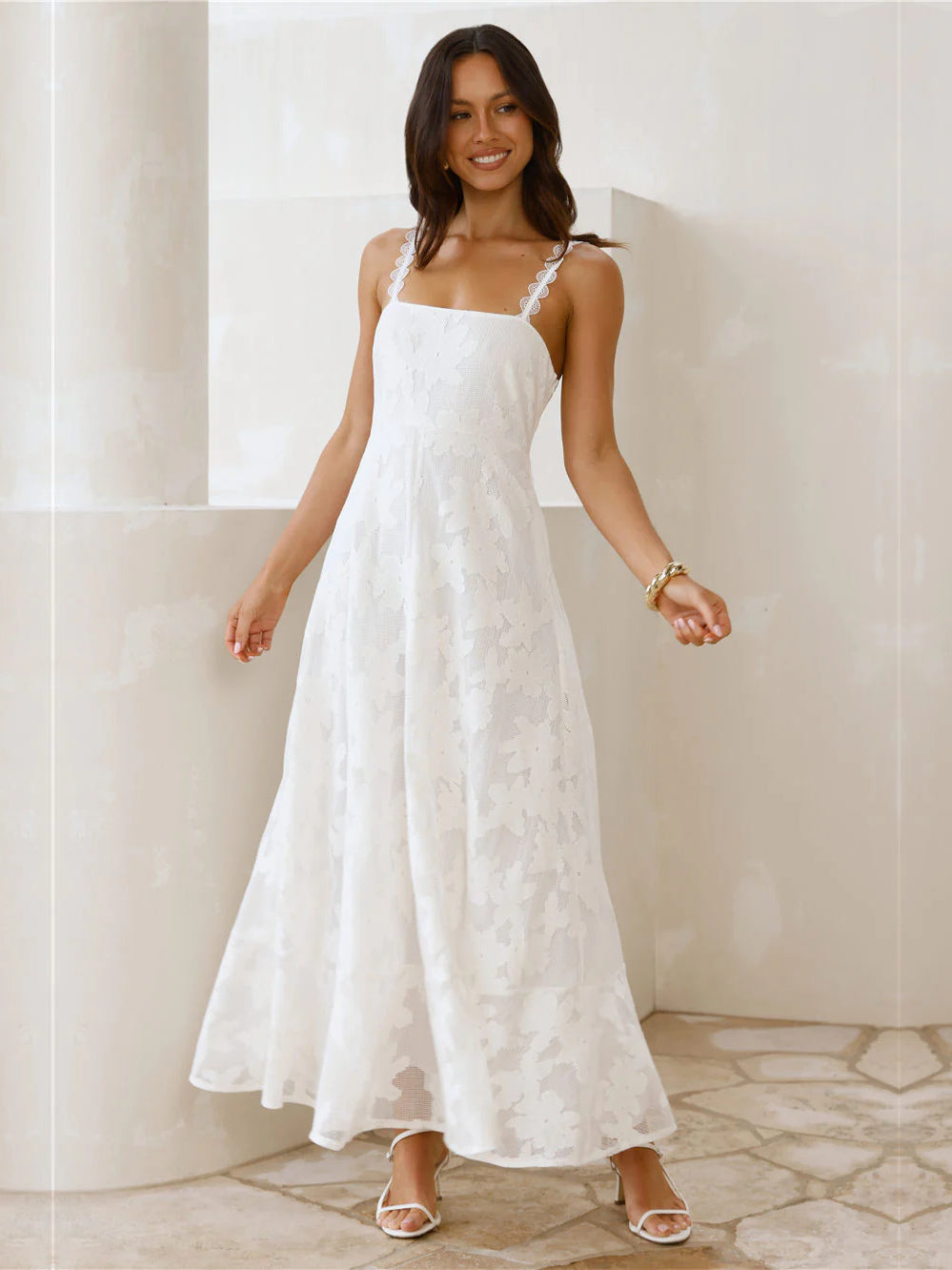 Cream a-line maxi formal dress with floral print, alternate view showing the waist