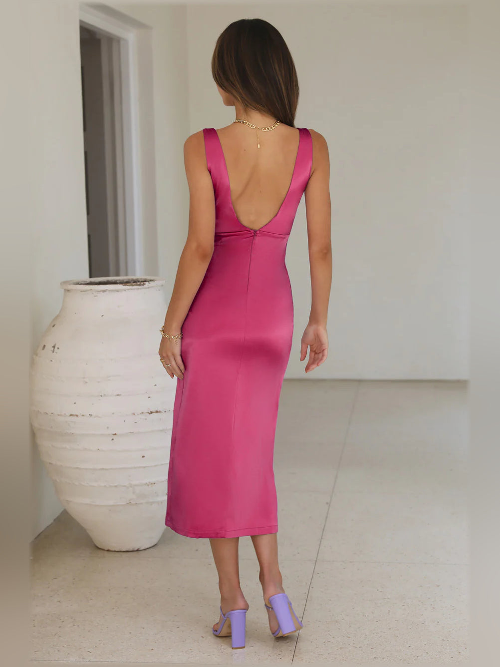 Magenta satin midi dress, open back V with thin straps and center back seam