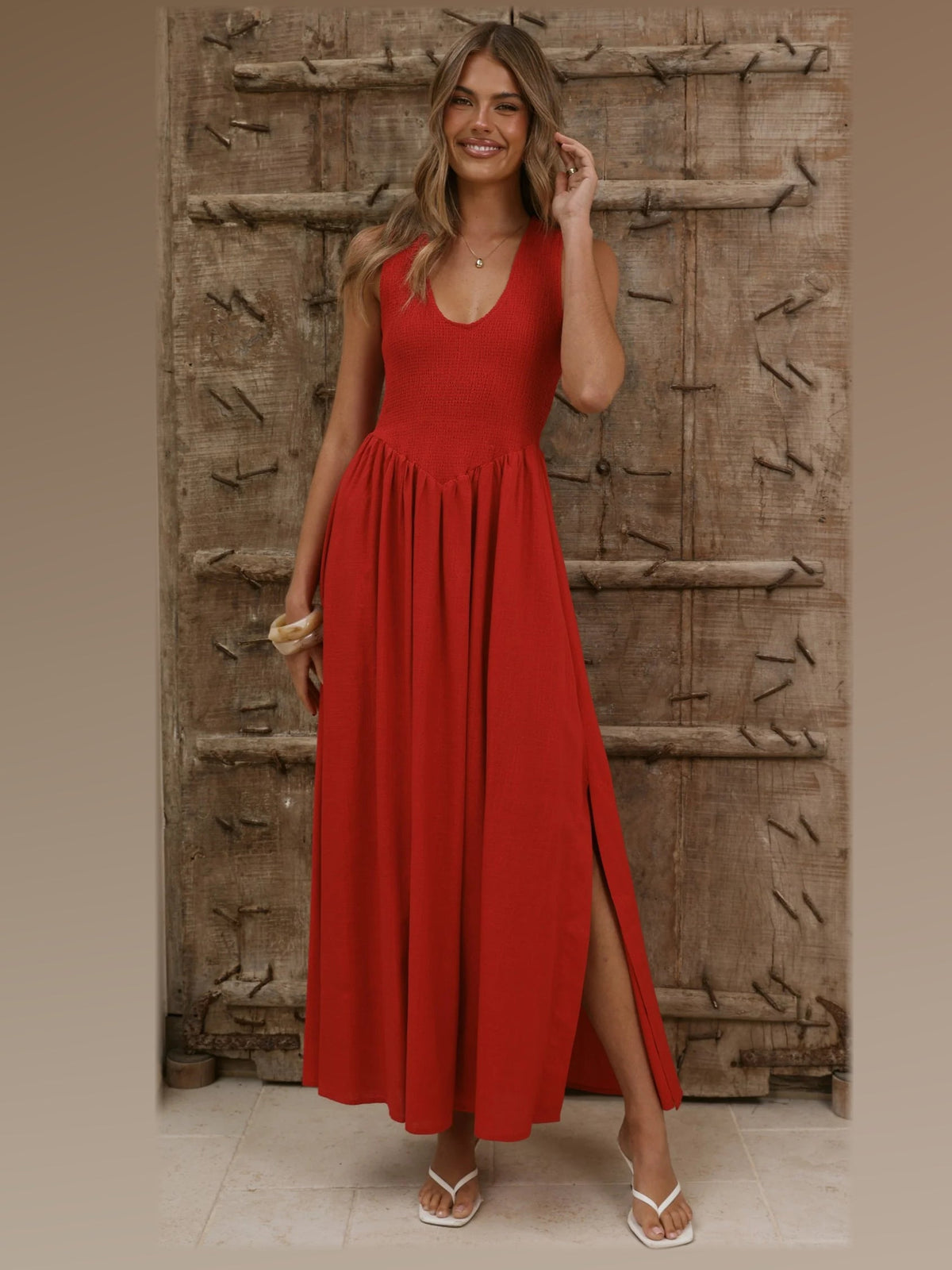 Red formal dress with a-line detailing