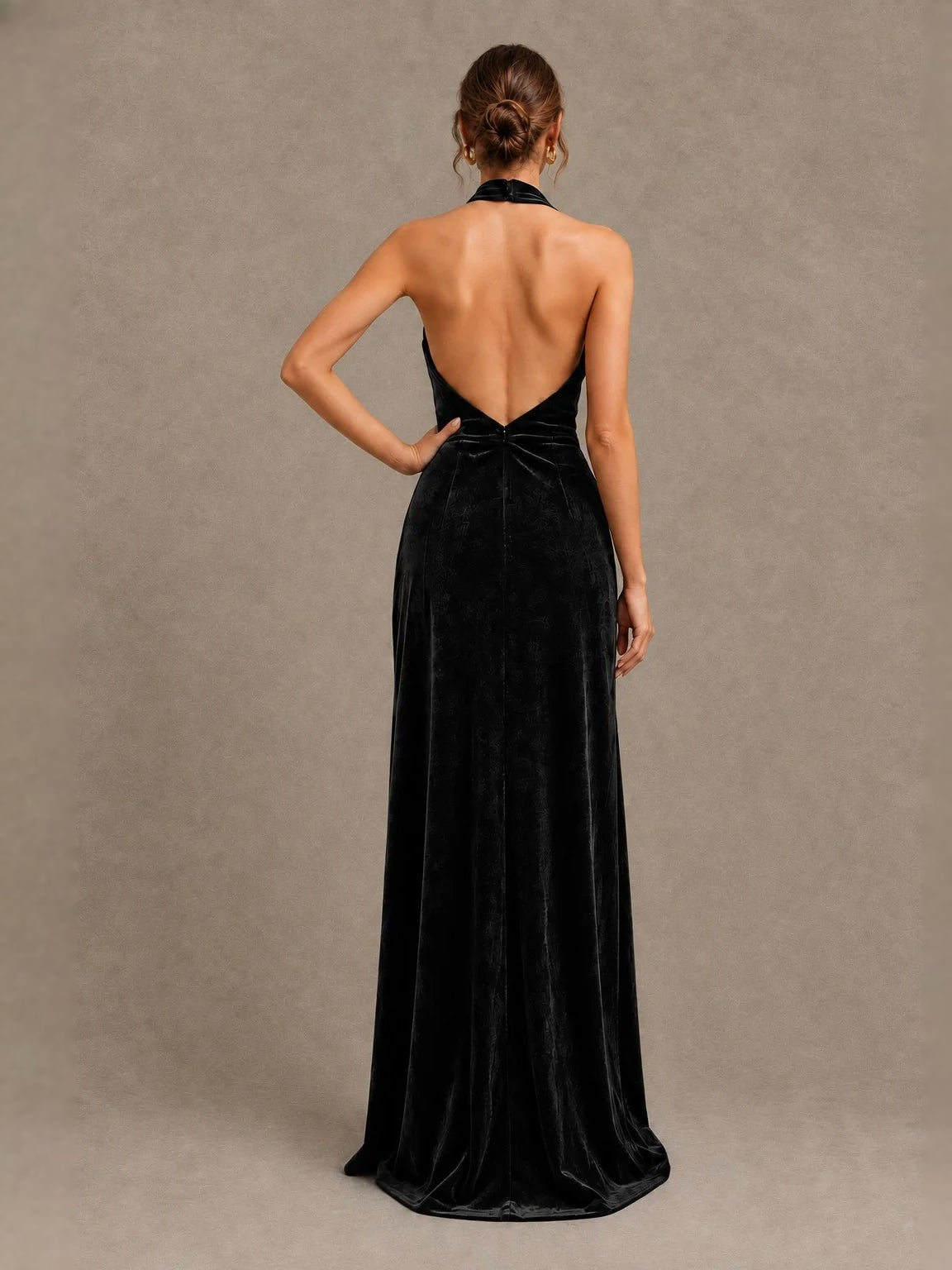 Ruched velvet halter sheath bridesmaid dress in black, open back bow, floor-length