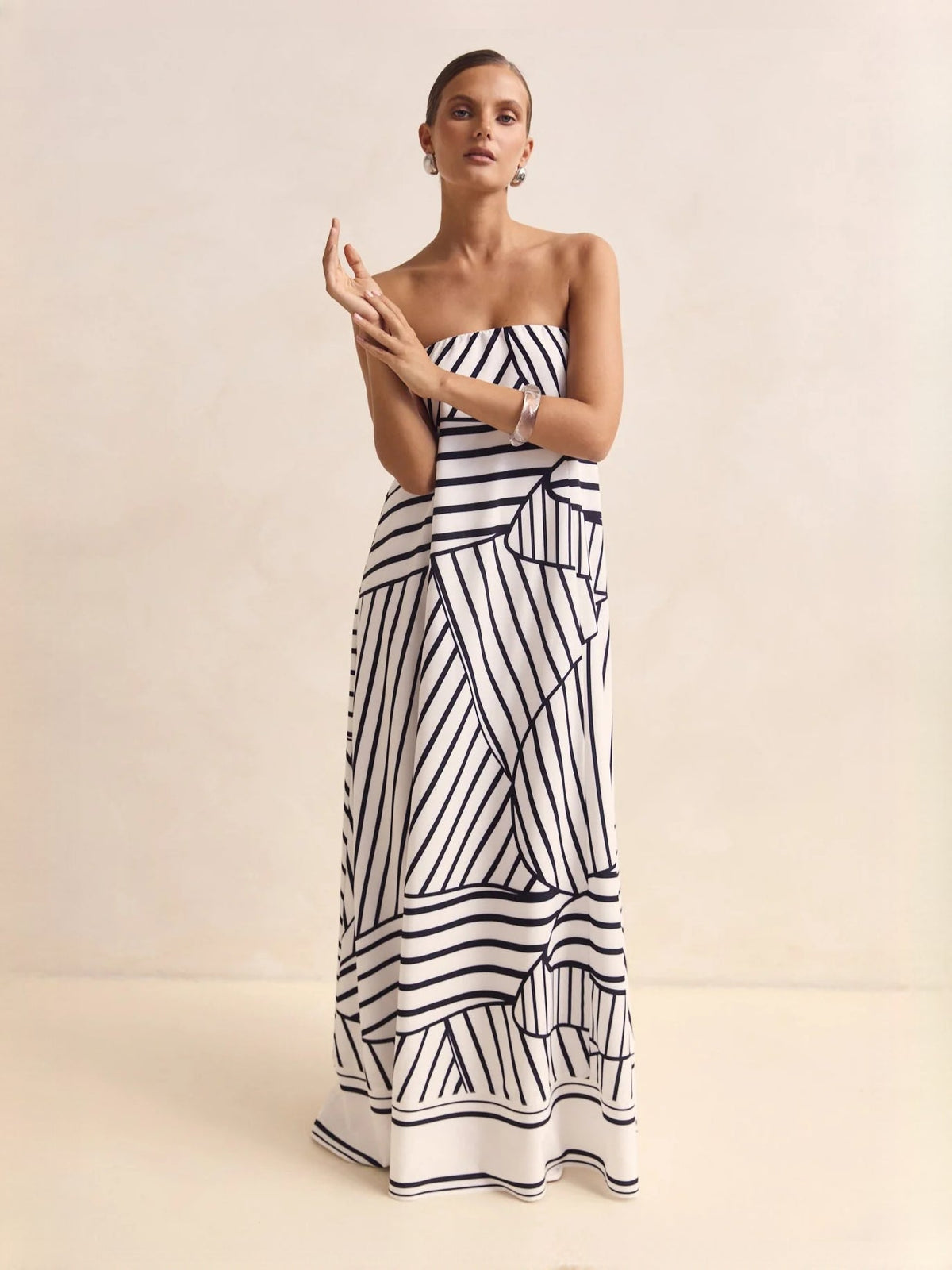 Black White Stripe a-line maxi formal dress with printed pattern, alternate full-length view
