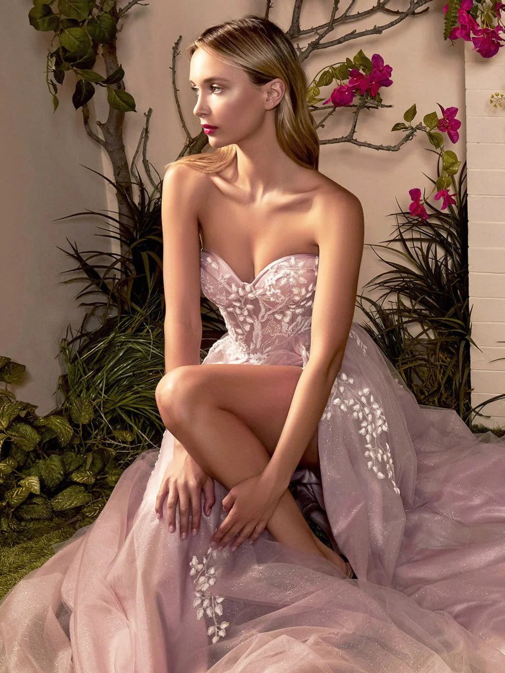 Mauve tulle corset prom dress with sweetheart neckline and front slit, floral appliques