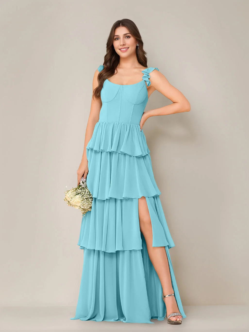Light blue tiered ruffled sweetheart maxi dress with sleeveless bodice and side slit