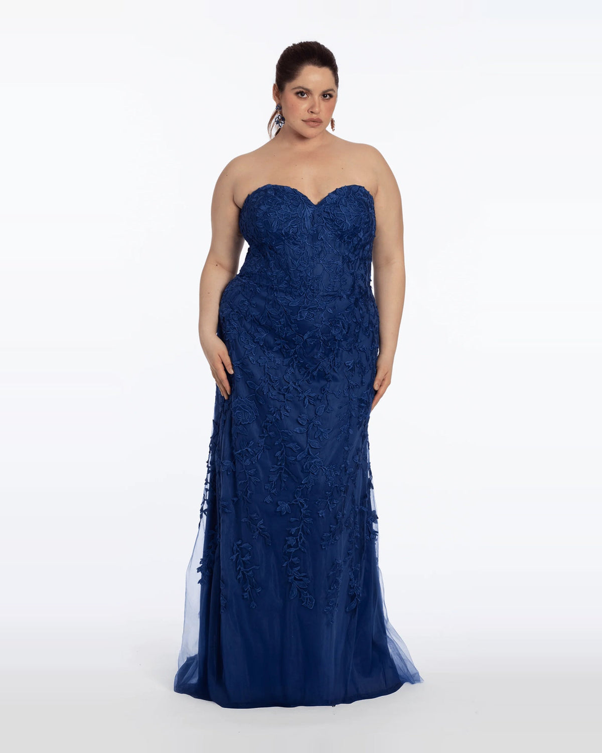 Navy strapless corset embroidered maxi prom dress with straight column skirt and tulle hem.