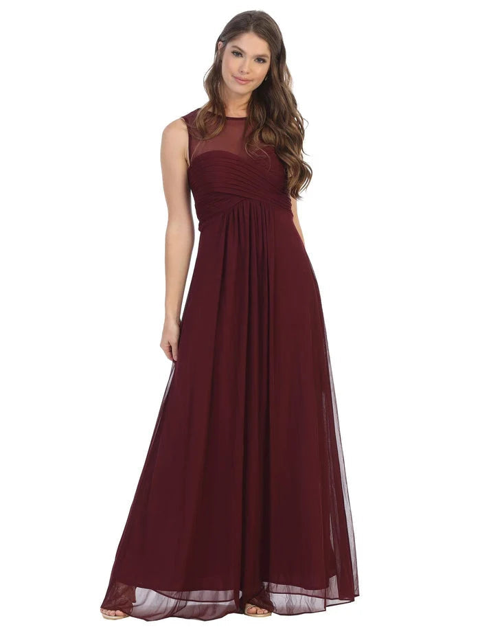 Burgundy chiffon A-line maxi dress with sleeveless illusion neckline and soft pleats.