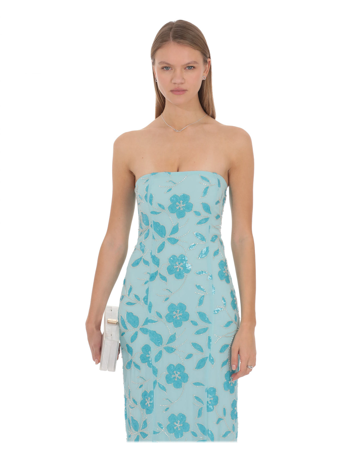 Blue bridesmaid dress with sequin detailing