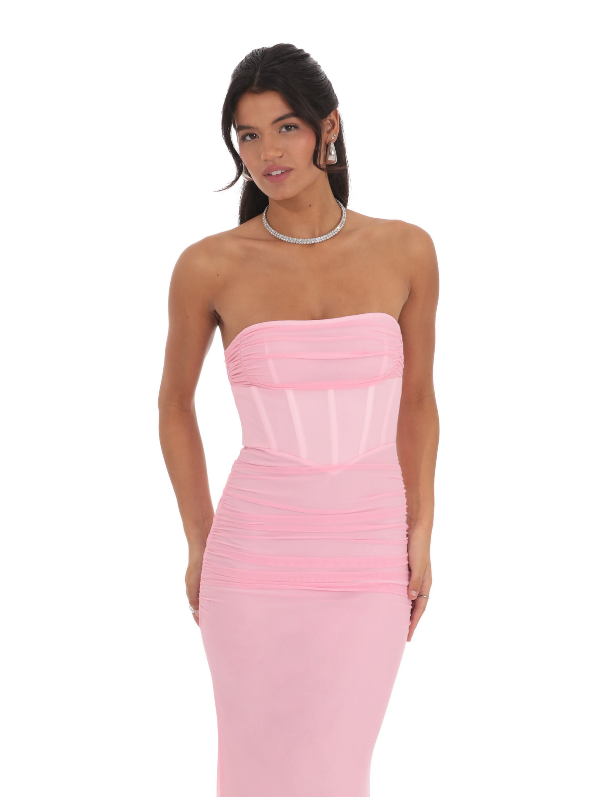 Pink bridesmaid dress with corset detailing