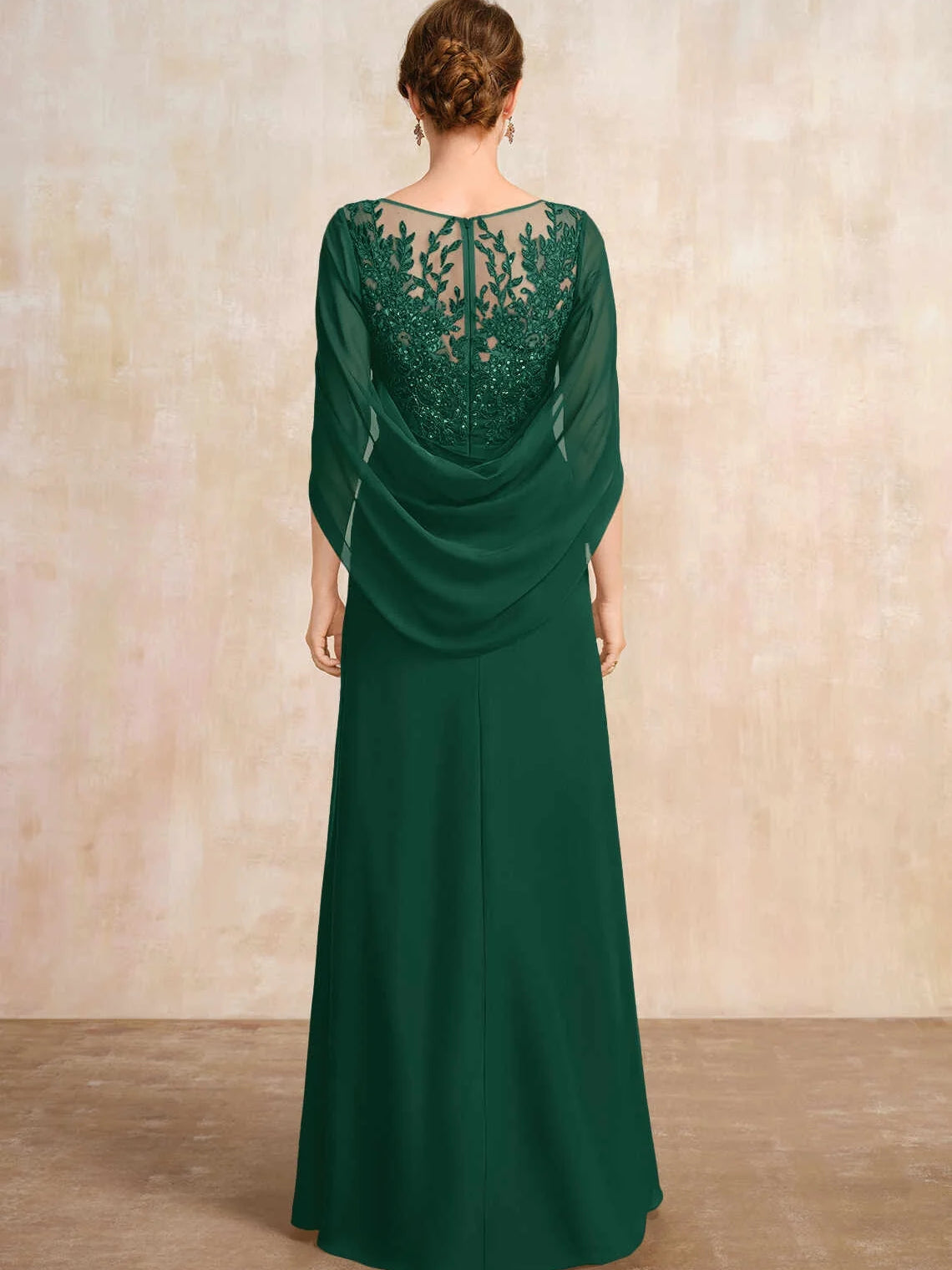 Green chiffon A-line dress with illusion lace back and draped cape sleeves