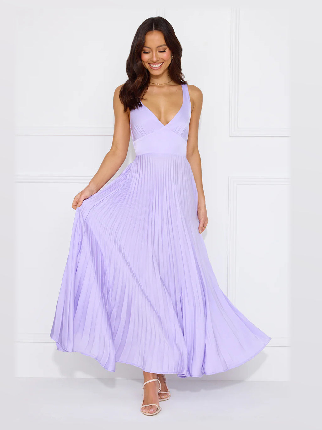 Lilac midi formal dress, alternate full-length view showing the skirt