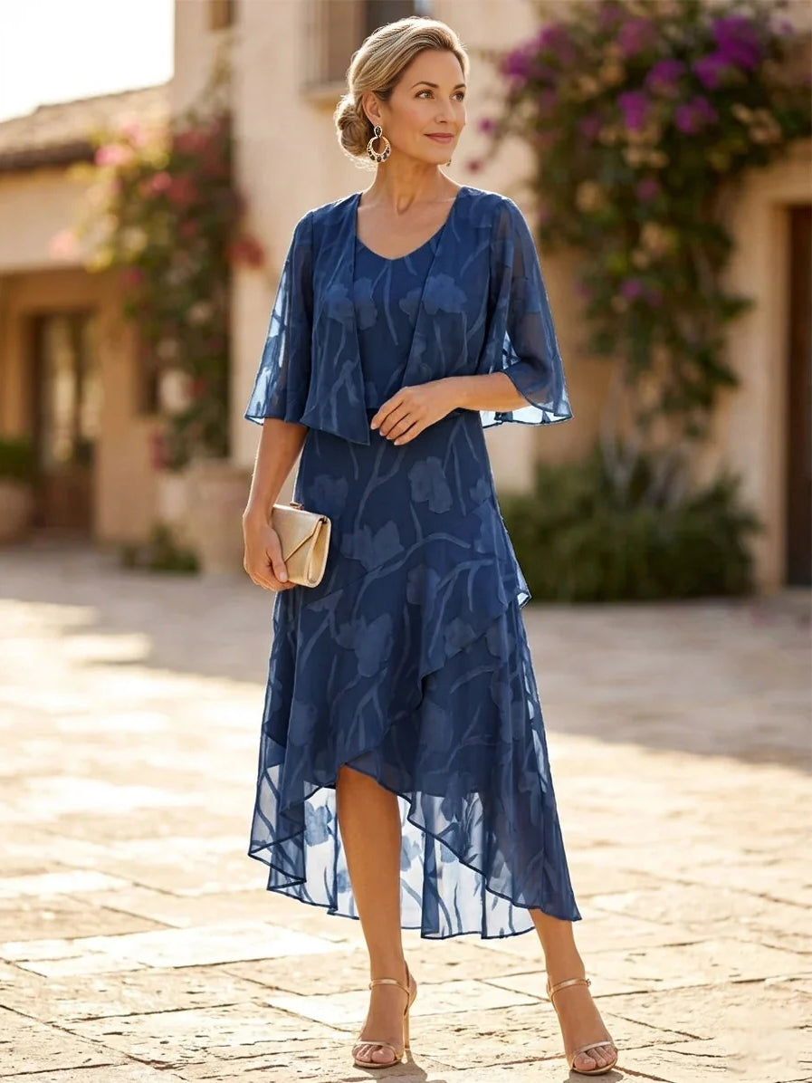 Dusty blue floral chiffon midi dress, scoop neck, flutter sleeves, A-line hem