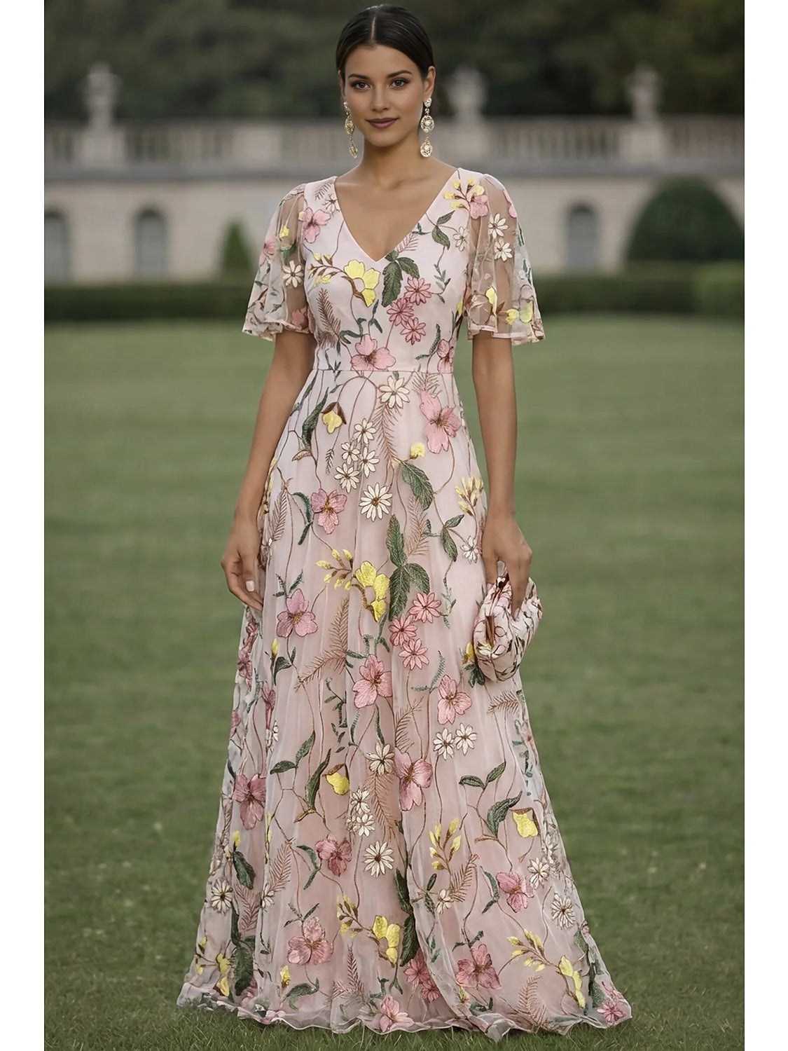 Front view floral V-neck A-line maxi formal dress, short sleeves, white with pink blooms