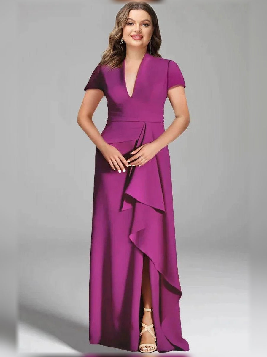 Magenta V-neck mermaid mother-of-the-bride dress with waist ruching and side slit
