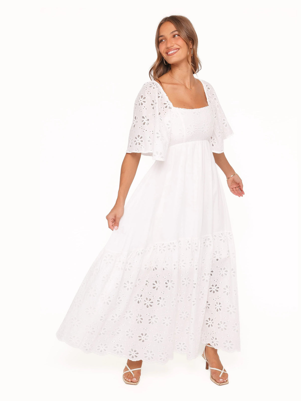 White formal dress with a-line detailing