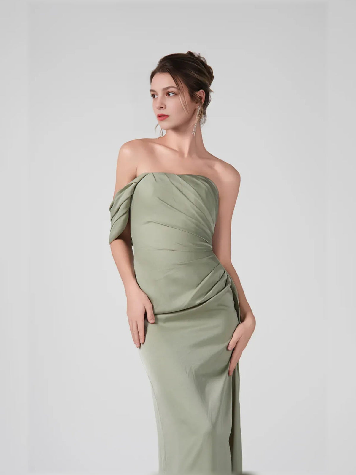 Dusty sage off-shoulder maxi dress with ruched sweetheart bodice and draped sleeves