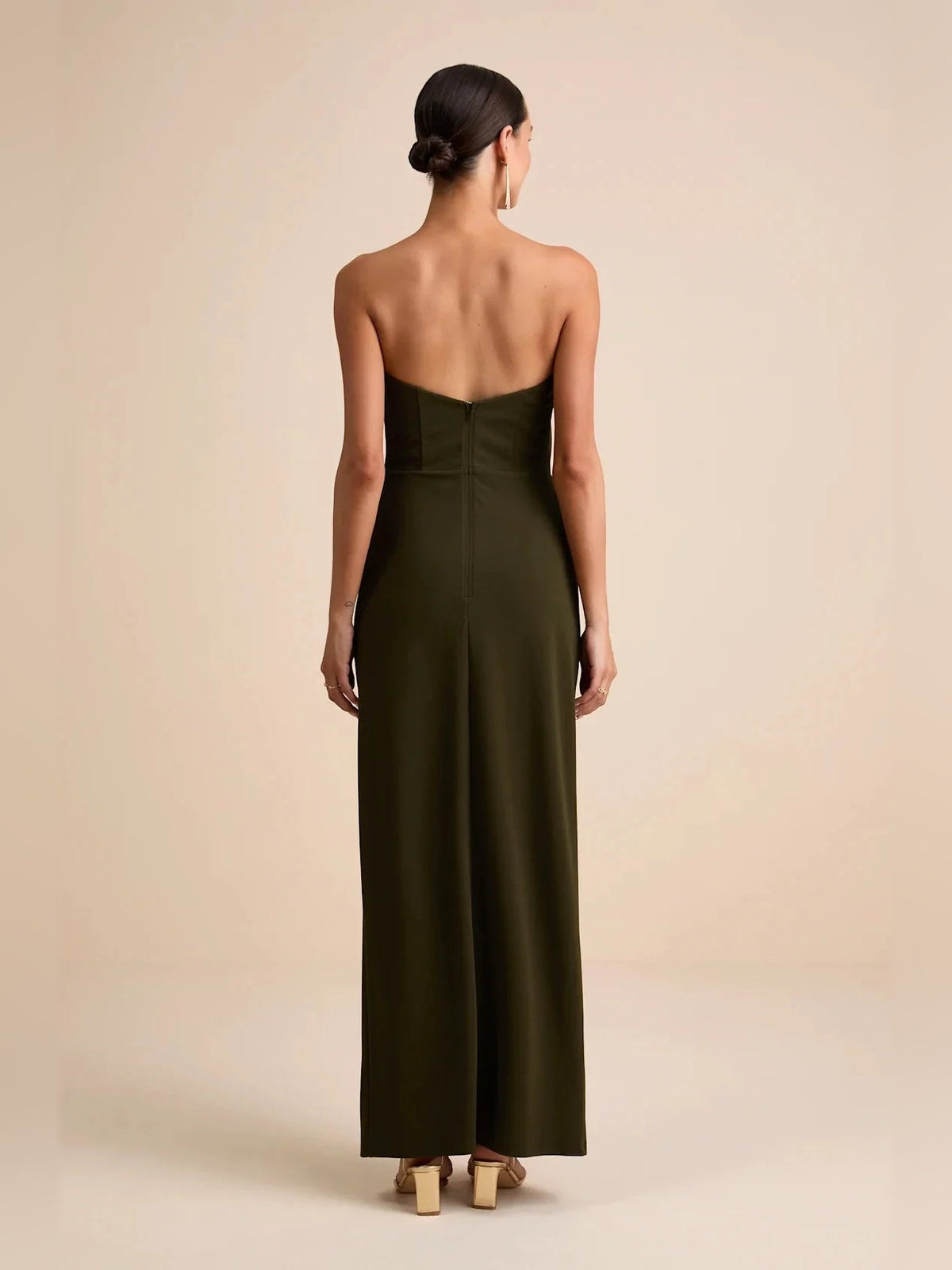 Olive green column maxi dress back view with V-back and straight silhouette