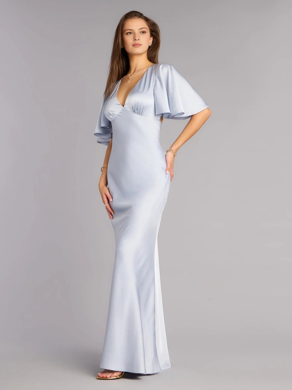 Mist blue satin mermaid prom dress with V-neck, flutter sleeves, and side slit