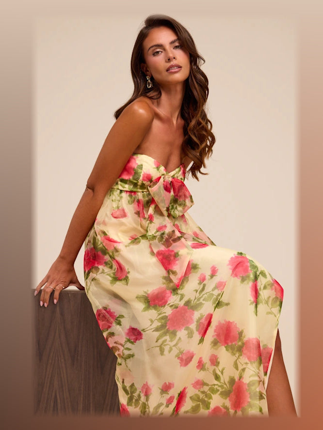 Light Yellow Floral formal dress with a-line detailing