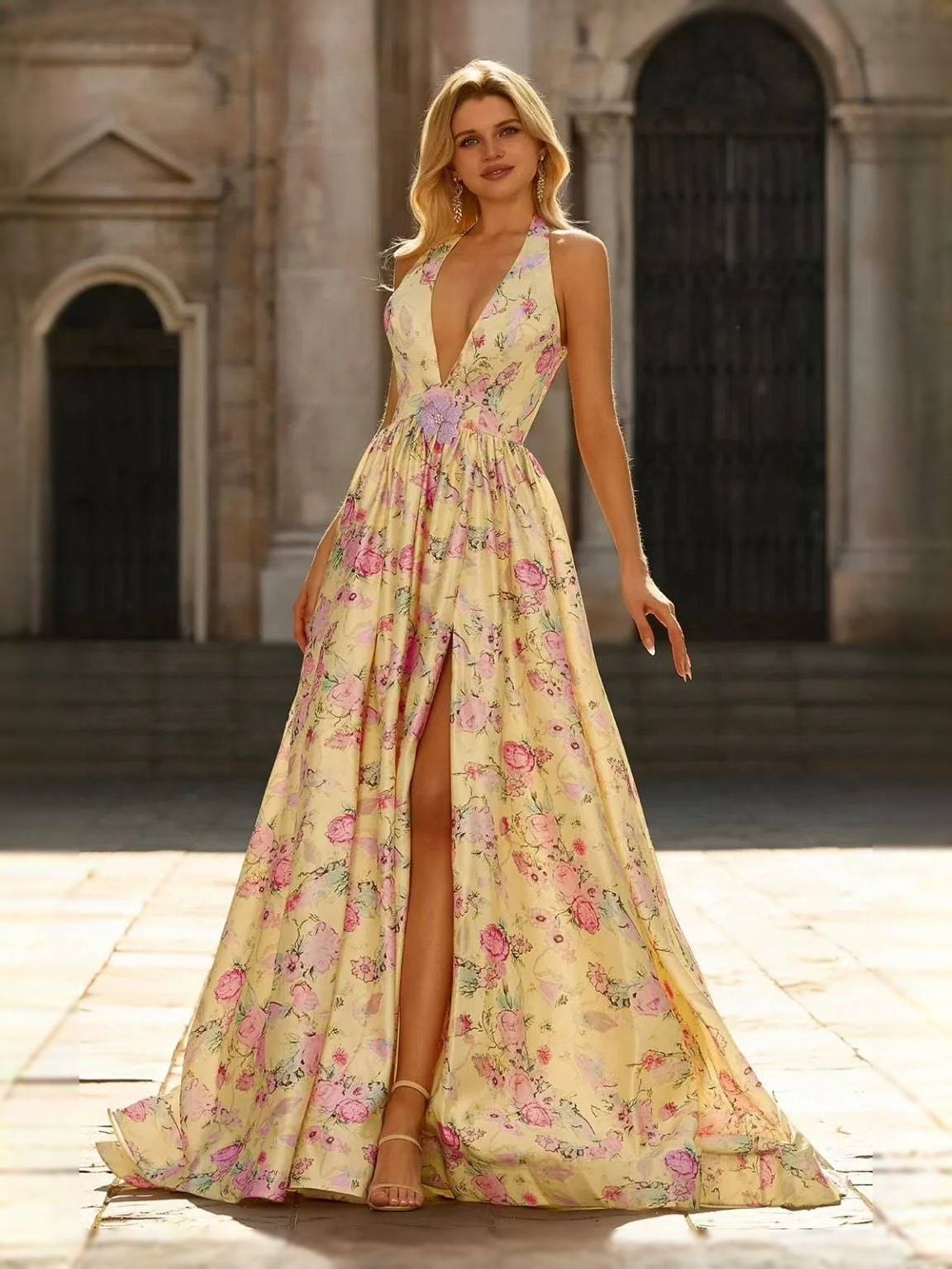 Champagne floral A-line prom dress with V-neck, ruched waist and long front slit